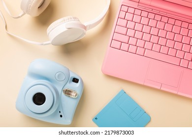 camera laptop headphones and floppy diskette in bright colors. High quality photo - Shutterstock ID 2179873003