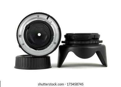 Camera Lens ,lens Cap And Hood Isolated On White Background.