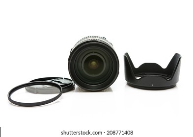 Camera Lens ,lens Cap And Hood Isolated On White Background.