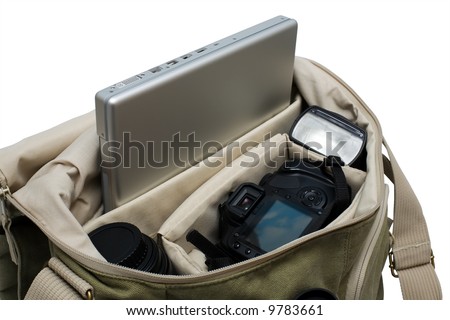 The camera, lens, flash and laptop in a bag