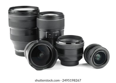 Camera lens isolated on white. Photographer's equipment