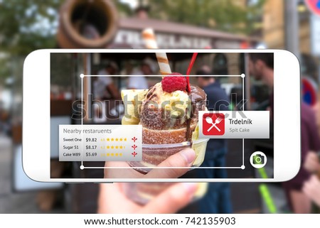 Camera lens , Machine and deep Learning analytics identify objects technology , Artificial intelligence concept. Software ui analytics and recognition spit cake navigation to nearby restaurant.