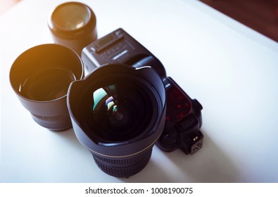 Camera Lense With Reflections,close Up