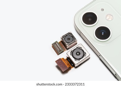 camera modules being used in mobile phones. development of mobile cameras. Digital camera lens part. sensor and technology smartphone new high resolution cameras. sensor with isolated background.