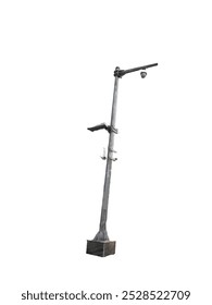 camera, mounted in the Top part of the pole, for surveillance, of the area around the housing in the Street with white background 