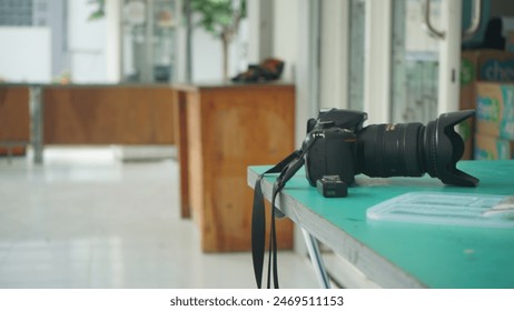 A camera on a  table
