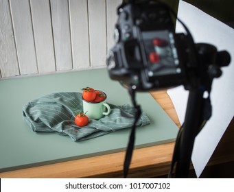 Camera On Tripod Shooting A Food Photography Set Up