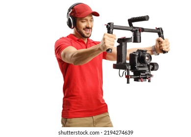Camera operator recording with a camera gimbal stabilizer isolated on white background