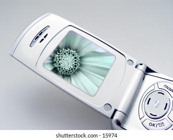 Camera Phone with Black and green screen with has a flower picture on it
