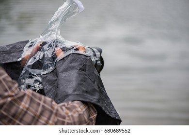 Camera in the rain in a protective case