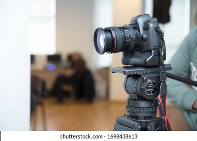 Camera To Recording Video Live Streaming At Home . Focus On Tripod Mounted Camera Screen Showing . Photo Camera Set On A Tripod With Excellent Clipping Path . Professional Production Photo Camera.