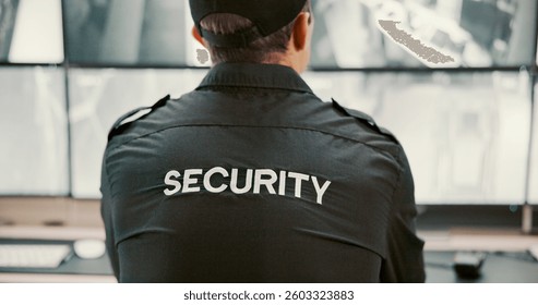 Camera, security and back of person on computer screen for surveillance, inspection and monitoring. Observation, footage and guard on monitor for protection, patrol or building safety in control room