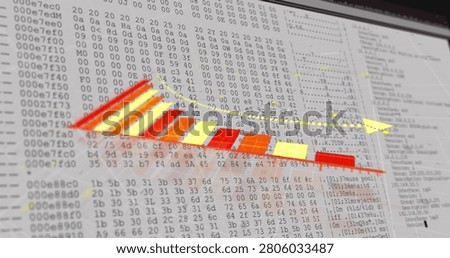 Camera shifting and zooming, 3D chart on red baseline, dotted arrow tracing hex dump for analytics. Data, visualization, metrics, bars, grid, dashboard, trend