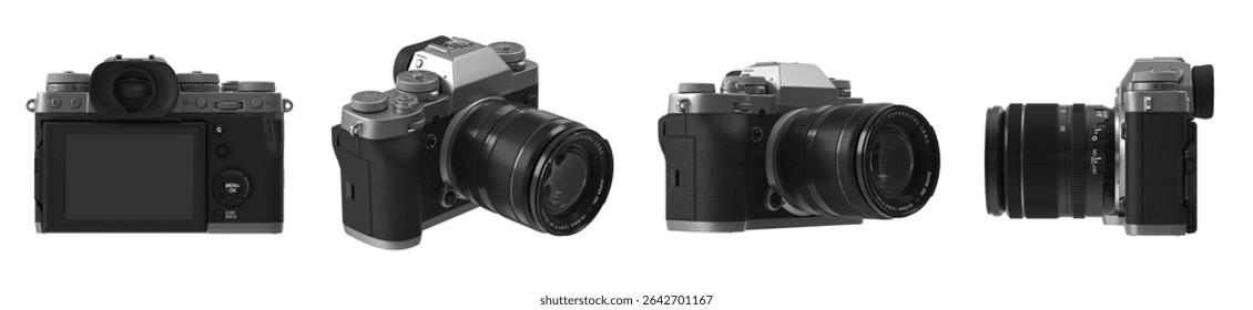 camera is shown in four different angles isolated. camera has a black leather body and a black lens
