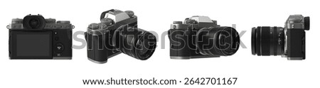 camera is shown in four different angles isolated. camera has a black leather body and a black lens
