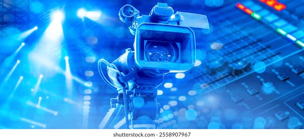 Camera for video operator. Videography technology. Filming equipment. Shooting video. Equipment for videographer. Shooting with professional camera with tripod. Shoots on professional video camera