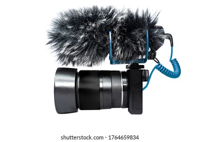 Camera For Video Recording With A Professional Mic Or Shotgun Mic For Shooting Vlog Or Production Work . Isolate , White Background