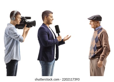 Cameraman And A Male Reporter Interviewing A Pensioner Isolated On White Background