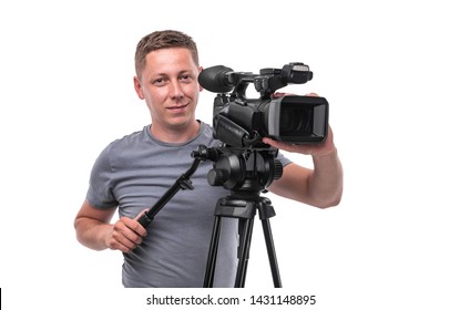 Cameraman. Video camera operator isolated on a white background.