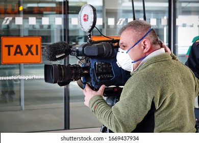 Cameraman Wearing Masks To Contain The Spread Of The Coronavirus.  Rome, Italy - March 2020