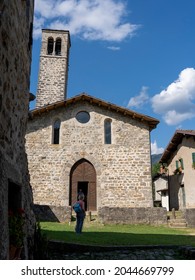 Camerata Cornello, Italy. September 20, 2021. Italian Medieval Ancient Village. Place Were It Was Invented The Postal Service And The Taxi. Here First Stamp Ever Issued. The Crooked Bell Tower