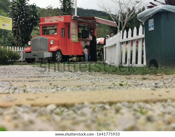 Cameron Highland,Pahang/Malaysia-2020:Cameron\
Valley Tea food truck stall at tea\
park