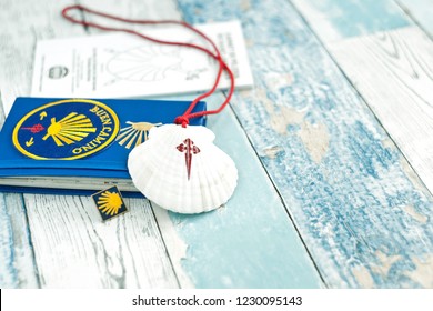 Camino de Santiago in Spain. Shell of Way of St James. Credencial and guide book 
