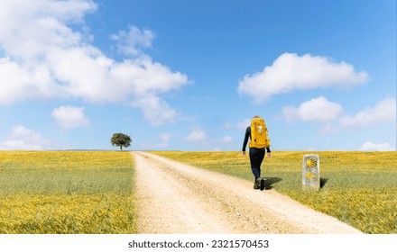Camino de Santiago - A young pilgrim with a yellow backpack, walking alone in Saint James way, on a pilgrimage to Santiago de Compostela, Spain - Selective focus