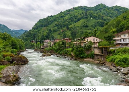 Camlihemsin center view with Firtina Stream in Rize, Turkey. Beautiful nature landscape.