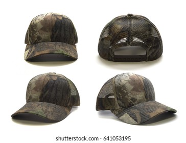 Camouflage cap isolated on white background. Multiple angles included.