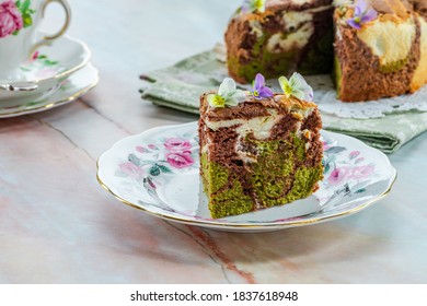 Camouflage Chiffon Cake With Matcha Decorated With Eadible Viola Flowers