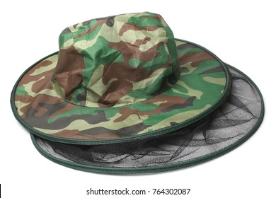 Camouflage Hat With Mosquito Net On White Background
