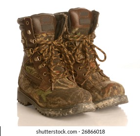 Camouflage Hunting Boots Isolated On White Background