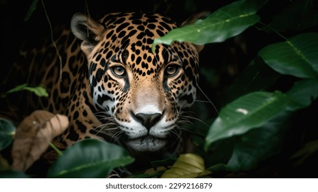 Camouflage male jaguar lurking in forest blue eyes