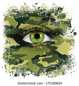 Camouflage Texture Painted On Female Soldier Face With Green Eye