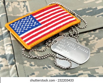 Camouflage Uniform, Dog Tags, American Flag