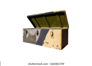 Camouflaged Open Army Iron Box For Tools And Weapons. Military Transport Chest Isolated On White Background