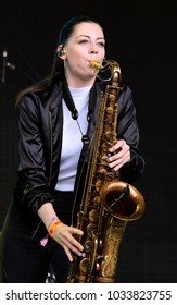 Camp Bestival - 30th July, 2017:  Female Saxophone Player With British Duo Right Said Fred Performing At Camp Bestival, Lulworth, Dorset 30 July 2017, UK