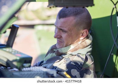 Camp De Canjuers, France, -mai 2013 : Soldier Of The French Army In An Armored Car.