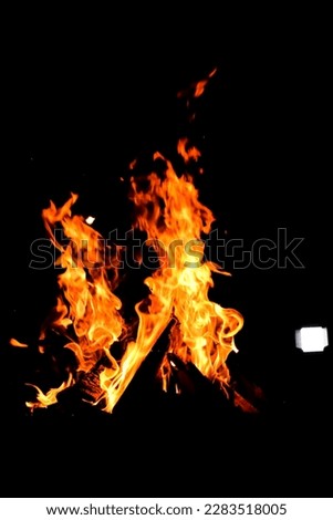 Camp Fire. Bon Fire Glowing at Night Outdoors with Sparks. Orange-Yellowish Fire on a Black Background