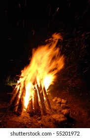 Camp Fire In Mountains Night
