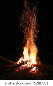 Camp Fire In Mountains Night