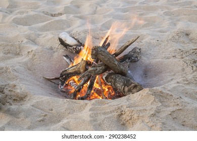 Camp Fire On Beach Sand