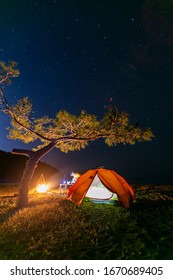 Camp Fire In Summer At Night. Camp Base With Stars At Night. 