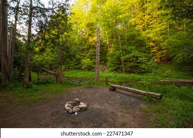 Camp Site, Fire Pit Next To Stream River In The Forest  Woods With Green Trees Morningevening Sunrisesunset