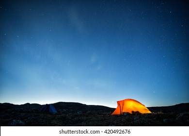 Camp, Tent And Northern Lights In Lapland - Sweden