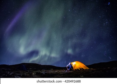 Camp, Tent And Northern Lights In Lapland - Sweden