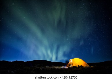 Camp, Tent And Northern Lights In Lapland - Sweden