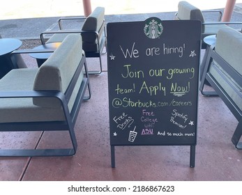 Camp Verde, Ariz.  USA - February 5, 2022: Starbucks advertises that they are hiring workers. 0021