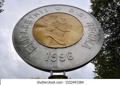 Campbellford, Ontario, Canada - September 29, 2019: Front Of Giant Toonie Monument At Old Mill Park In Campbellford.